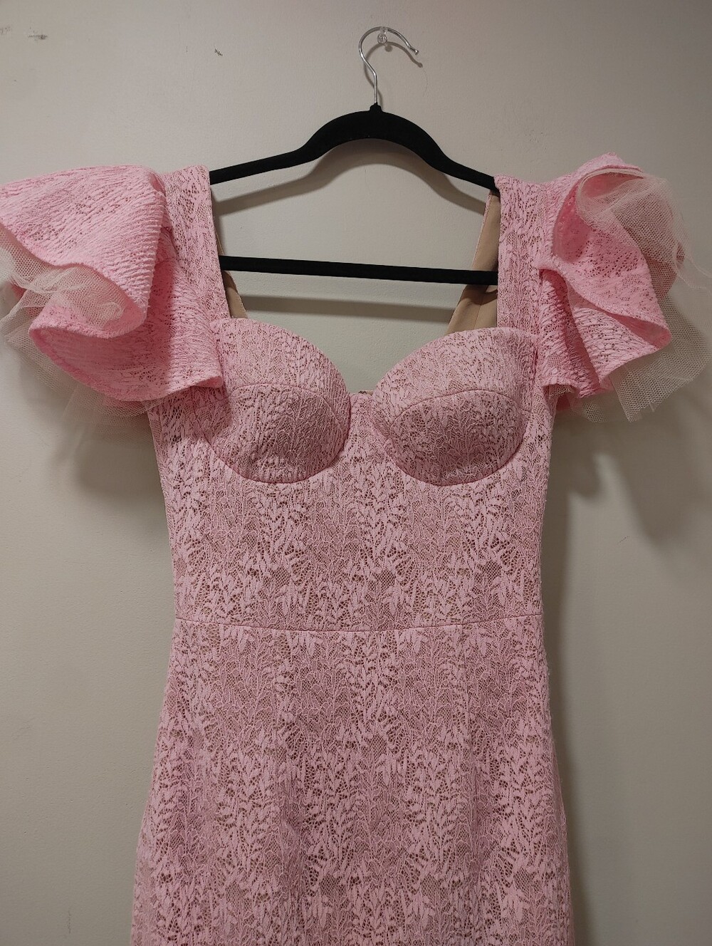 NADINE MERABI Pink Lace Mermaid Midi Dress with Ruffle Sleeves - Picture 5 of 10